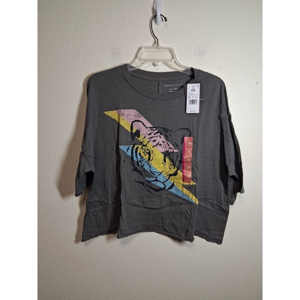NWT Greyson T-Shirt Casual Tiger Lightning Retro Y2K Crop Size XXL Gray